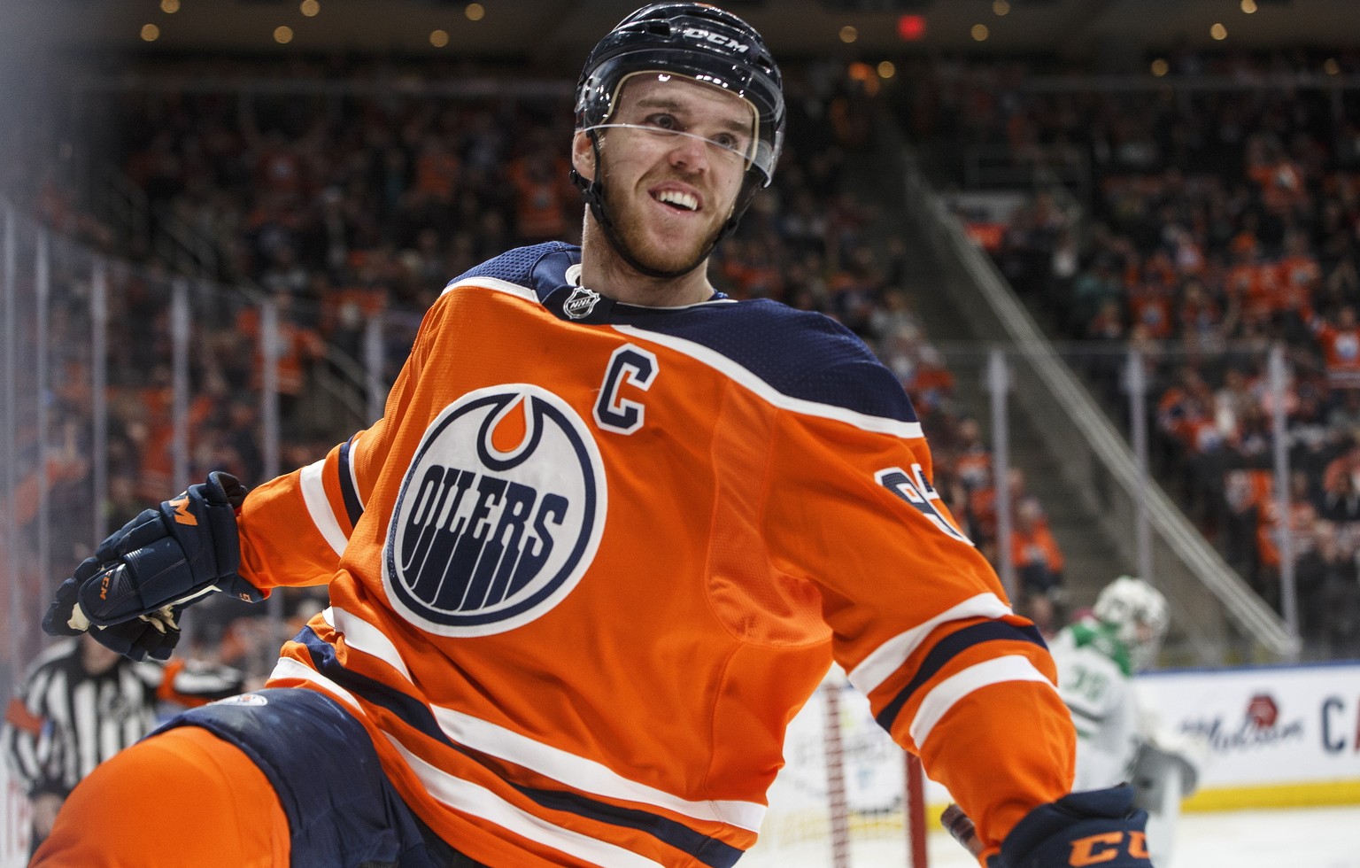 Edmonton Oilers&#039; Connor McDavid (97) celebrates a goal against the Dallas Stars during second-period NHL hockey game action in Edmonton, Alberta, Thursday March 28, 2019. (Jason Franson/The Canad ...
