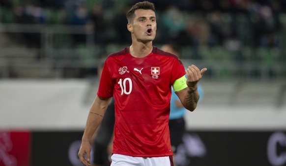 Switzerland&#039;s midfielder Granit Xhaka gestures, during an international friendly test match between the the national soccer teams of Switzerland and Croatia, at the kybunpark stadium in St. Galle ...