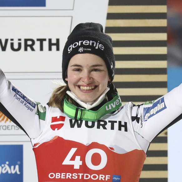 Slovenia&#039;s Nika Kriznar reacts on the podium after taking third place during the WSC Women&#039;s HS137 Large Hill jumping event at the FIS Nordic World Ski Championships in Oberstdorf, Germany,  ...