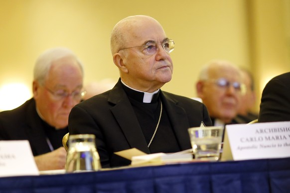 Archbishop Carlo Maria Vigano, Apostolic Nuncio to United States, listens to remarks at the United States Conference of Catholic Bishops&#039; annual fall meeting, Monday, Nov. 16, 2015, in Baltimore. ...