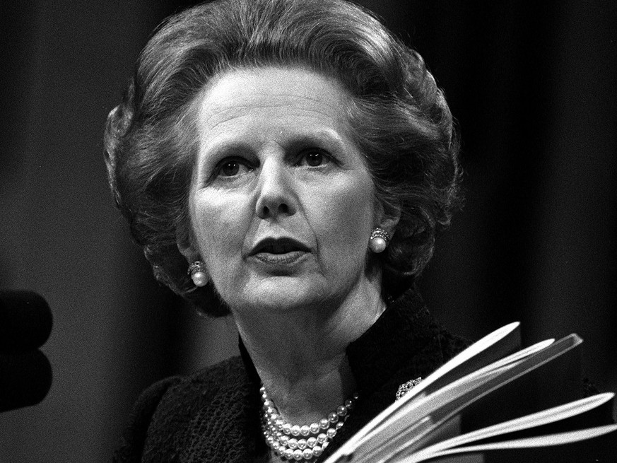 Prime Minister Margaret Thatcher addresses the 55th Annual Conservative Women &#039;s Conference at the Barbican Centre in London, May 22, 1985. Her keynote speech was on inflation.(KEYSTONE/EPA/PA/St ...