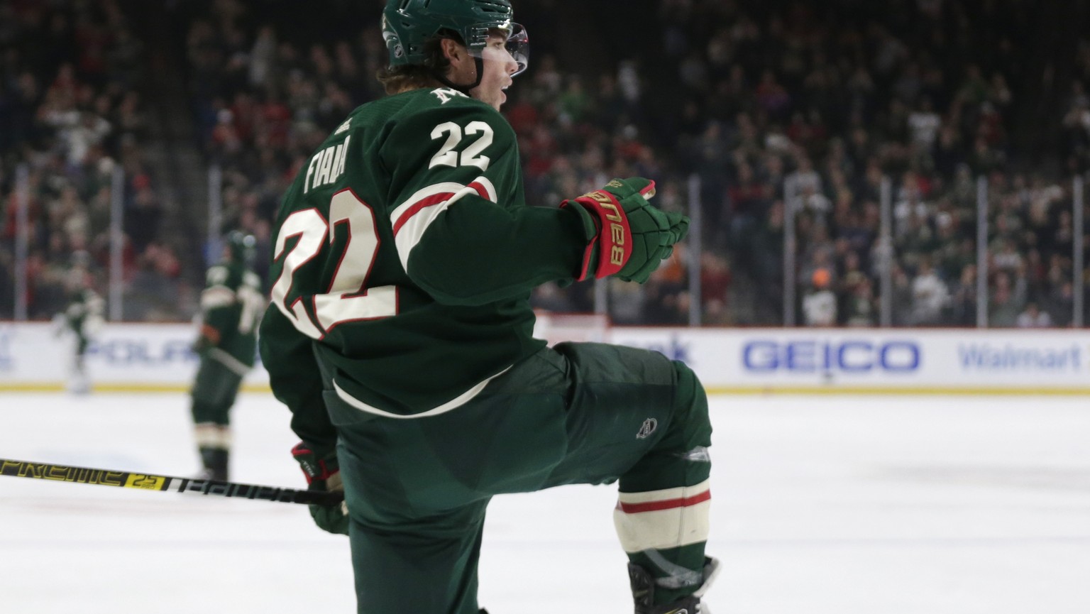 Minnesota Wild left wing Kevin Fiala celebrates his goal against the Nashville Predators during the first period of an NHL hockey game Tuesday, March 3, 2020, in St. Paul, Minn. (AP Photo/Andy Clayton ...