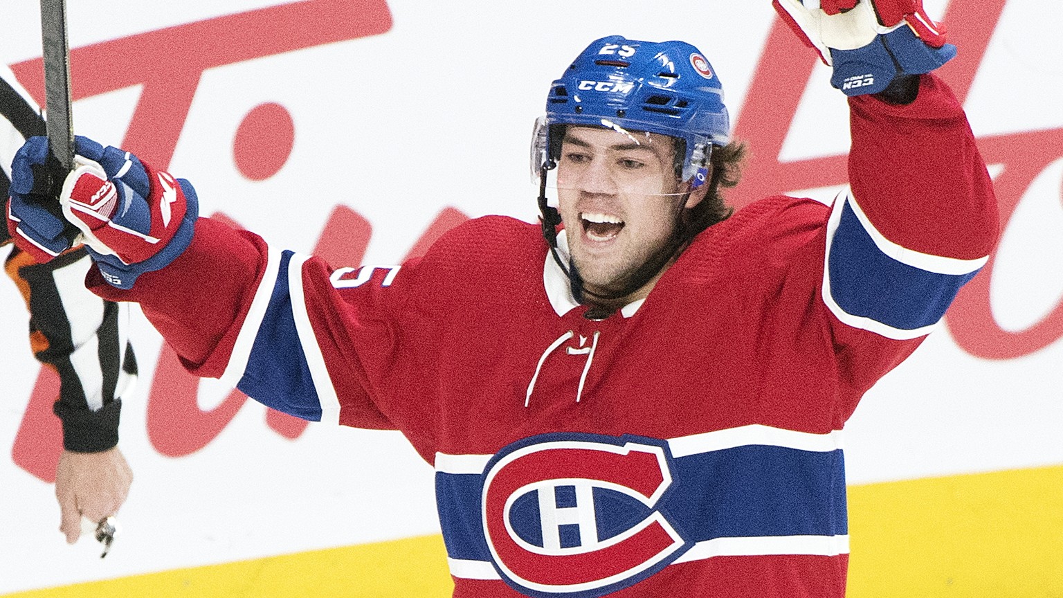 Montreal Canadiens&#039; Ryan Poehling celebrates after scoring against the Toronto Maple Leafs during first period NHL hockey action in Montreal, Saturday, April 6, 2019. (Graham Hughes/The Canadian  ...
