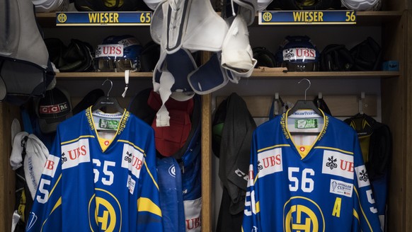 View of the wardrobe of HC Davos with jerseys of Marc and Dino Wieser at the 91th Spengler Cup ice hockey tournament in Davos, Switzerland, Friday, December 29, 2017. (KEYSTONE/Gian Ehrenzeller)