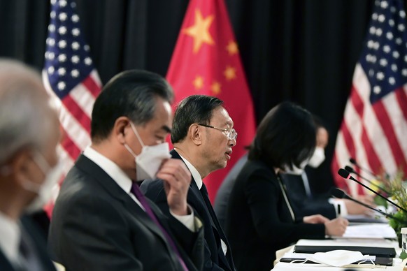 Chinese Communist Party foreign affairs chief Yang Jiechi, center, and China&#039;s State Councilor Wang Yi, second from left, speak at the opening session of US-China talks at the Captain Cook Hotel  ...