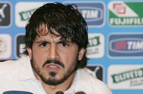 Gennaro Gattuso talks to journalists during a press conference in Coverciano, the Italian National soccer team training grounds, Italy, Tuesday, March 22, 2005. AC Milan players Gennaro Gattuso and Gi ...