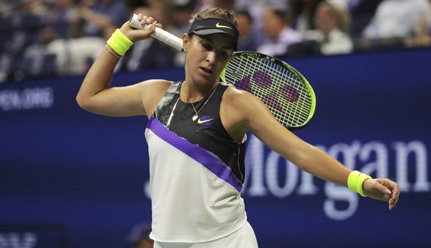 Belinda Bencic, of Switzerland, reacts after scoring a point against Bianca Andreescu, of Canada, during the semifinals of the U.S. Open tennis championships Thursday, Sept. 5, 2019, in New York. (AP  ...
