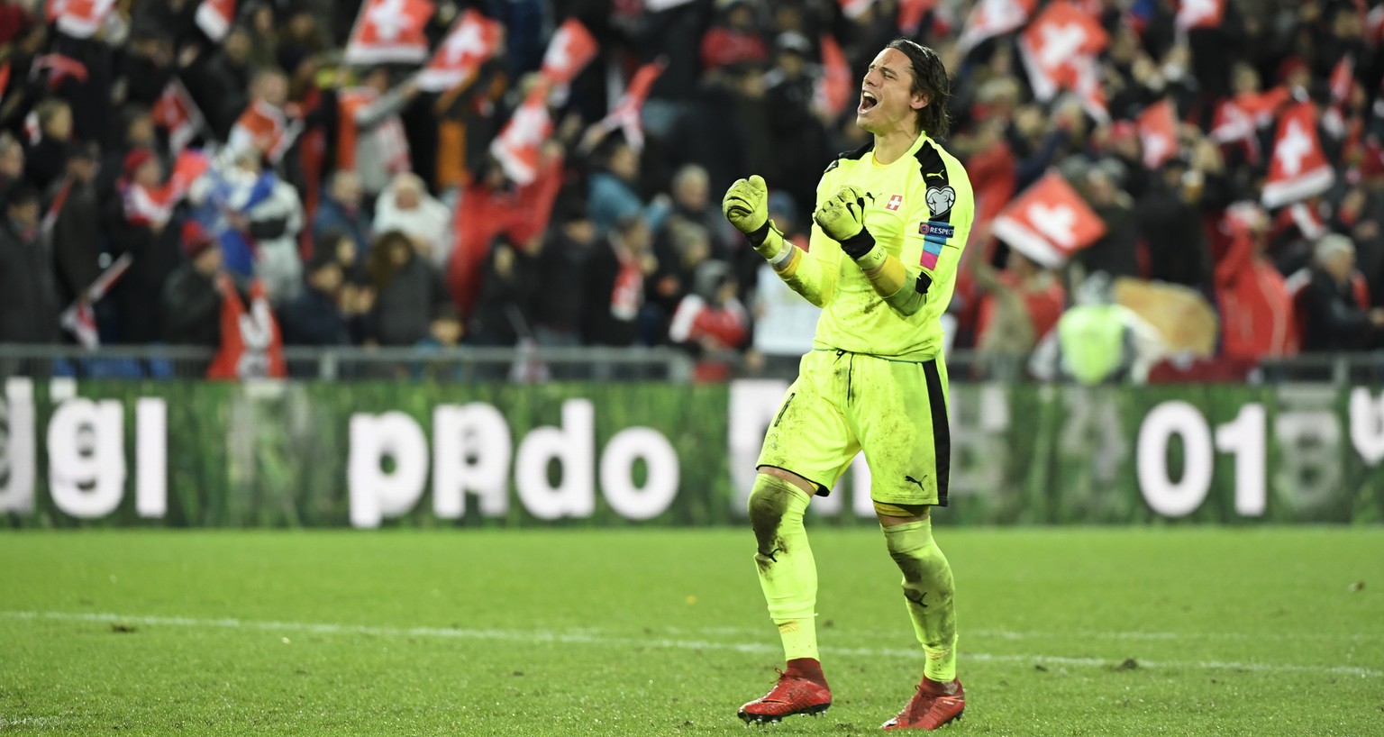 Switzerland&#039;s goalkeeper Yann Sommer celebrates after the 2018 Fifa World Cup play-offs second leg soccer match Switzerland against Northern Ireland at the St. Jakob-Park stadium in Basel, Switze ...