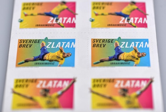 epa04142694 Swedish stamps feature the Swedish football player Zlatan Ibrahimovic, released in Stockholm, Sweden, 27 March 2014. Sweden captain Zlatan Ibrahimovic&#039;s stunning performance in a 2012 ...
