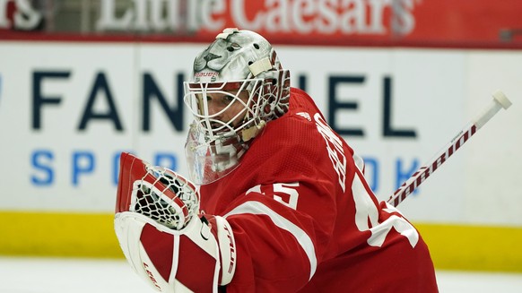 FILE - In this Thursday, March 18, 2021 file photo, Detroit Red Wings goaltender Jonathan Bernier plays during the first period of an NHL hockey game, in Detroit. Bernier could be the best goaltender  ...