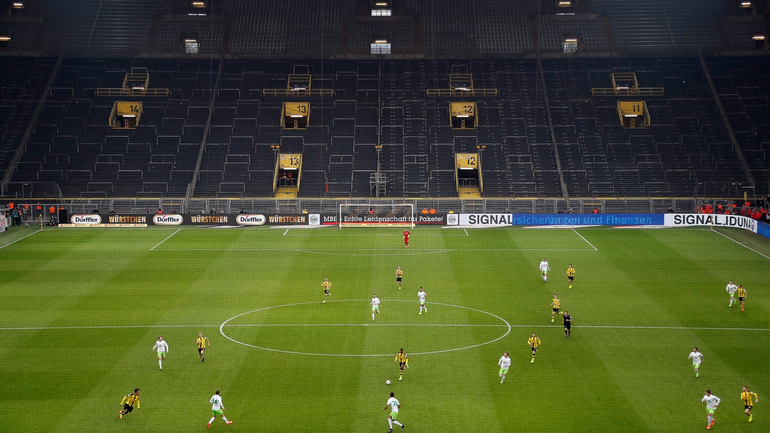 epa08407206 (FILE) - General view of the locked south stand (Suedtribuene) before the German Bundesliga soccer match between Borussia Dortmund and VfL Wolfsburg in Dortmund, Germany, 18 February 2017  ...