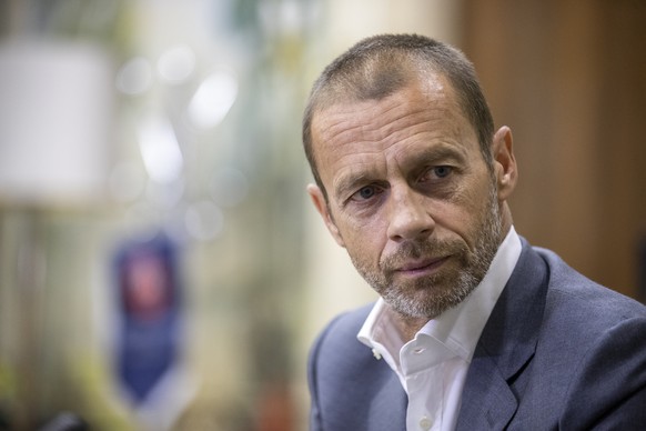 FILE - In this Sunday, Aug. 23, 2020 filer, UEFA President Aleksander Ceferin during an interview with The Associated Press in Lisbon, Portugal. Few fans had heard of Aleksander Ceferin when the Europ ...