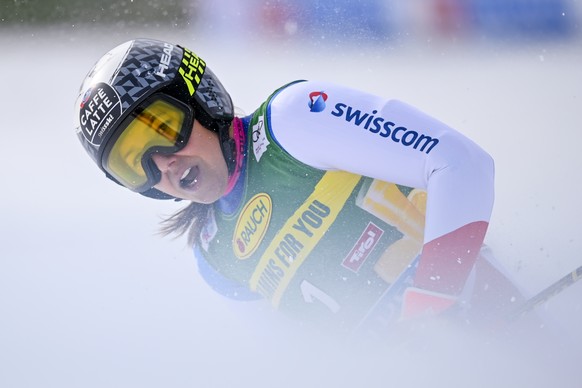 Wendy Holdener of Switzerland reacts in the finish area during the second run of the Women&#039;s Giant Slalom race of the FIS Alpine Ski World Cup season opener on the Rettenbach glacier, in Soelden, ...