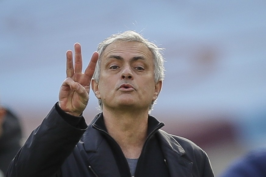 epa09027826 Tottenham manager Jose Mourinho gestures during the English Premier League soccer match between West Ham United and Tottenham Hotspur in London, Britain, 21 February 2021. EPA/Kirsty Wiggl ...