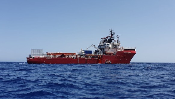 In this photo taken on Wednesday Aug. 7, and made available on Thursday, Aug. 9, 2019, the Ocean Viking rescue ship run by the SOS Mediterranee NGO navigates in the Mediterranean Sea after leaving the ...