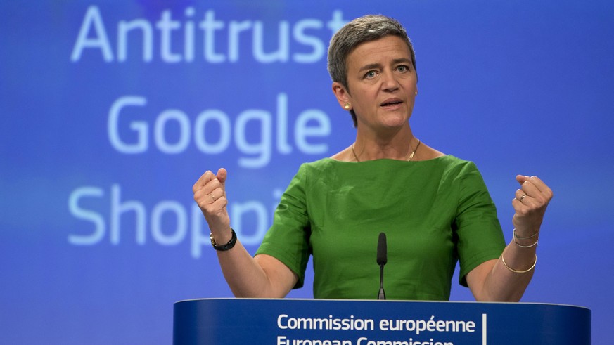 European Union Commissioner for Competition Margrethe Vestager speaks during a media conference at EU headquarters in Brussels on Tuesday, June 27, 2017. The European Union&#039;s competition watchdog ...