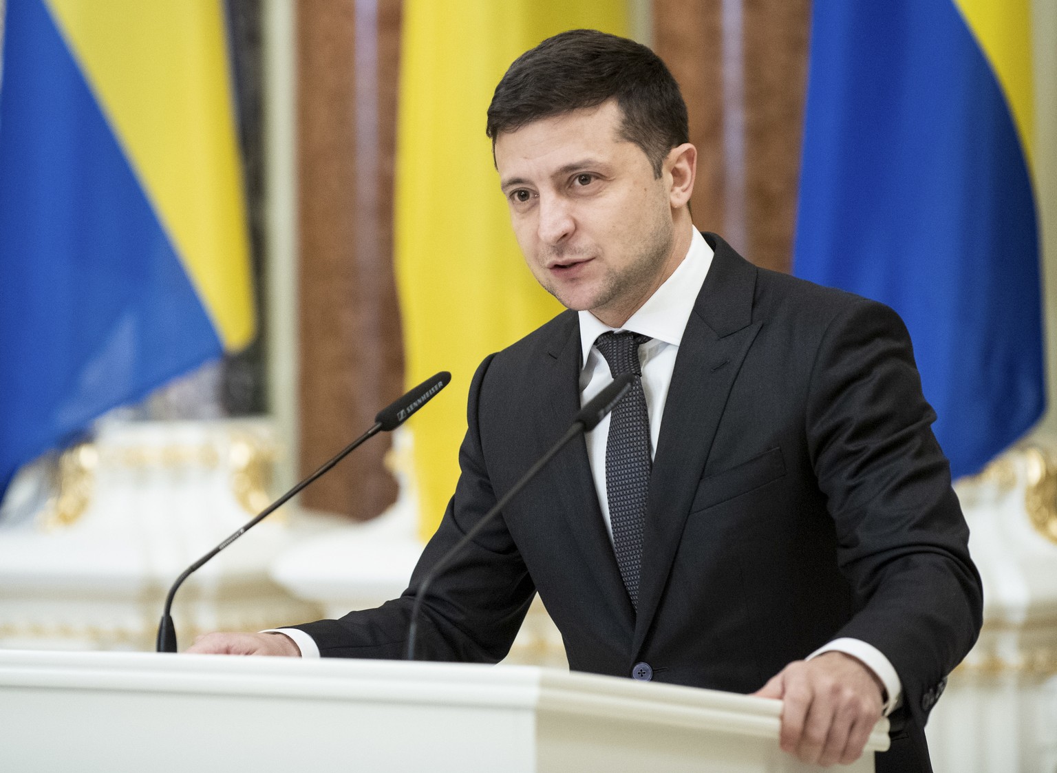 Ukrainian President Volodymyr Zelenskiy speaks in Kyiv, Ukraine, Wednesday, Dec. 4, 2019. Zelenskiy says he hopes his planned talks with the leaders of Russia, France and Germany will settle the confl ...
