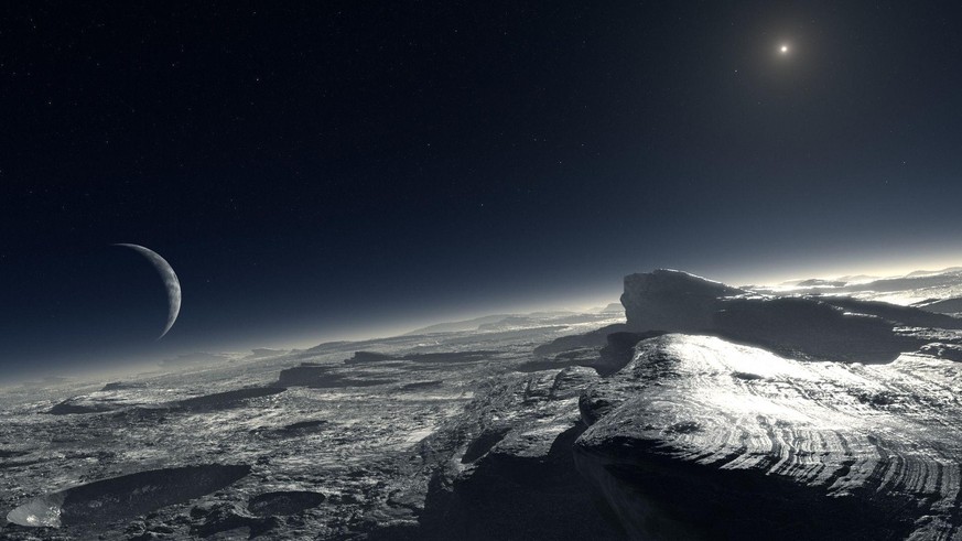 View from Pluto. Sun (right-top); Charon (left) (artist concept).
By ESO/L. Calçada - Pluto (Artist’s Impression), CC BY 4.0, https://commons.wikimedia.org/w/index.php?curid=6219505