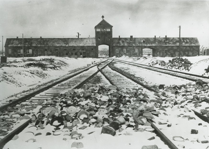 epa08149665 A handout photo made available by the Auschwitz Memorial and Museum shows the unloading ramp and the main gate called the &#039;Gate of Death&#039; at the former German Nazi concentration  ...