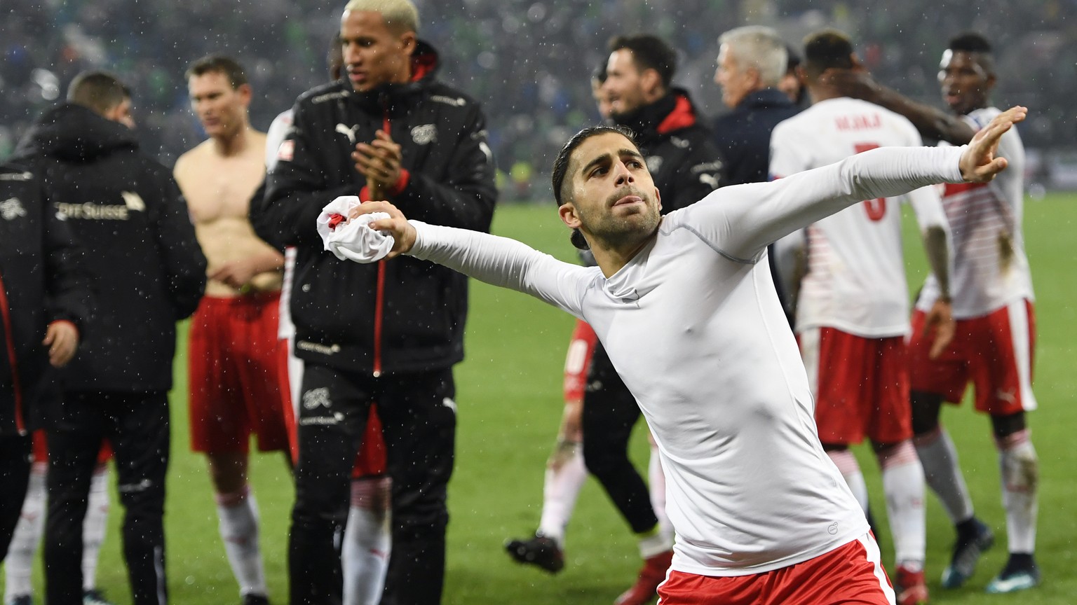 Switzerland&#039;s defender Ricardo Rodriguez, celebrates the victory during the 2018 Fifa World Cup play-offs first leg soccer match Northern Ireland against Switzerland at Windsor Park, in Belfast,  ...
