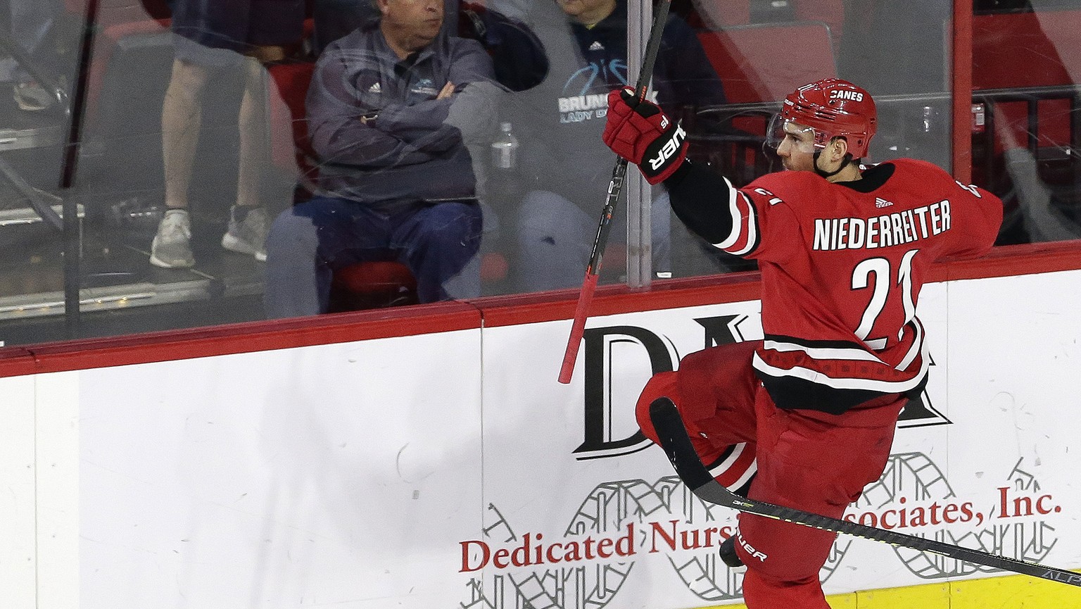 Carolina Hurricanes&#039; Nino Niederreiter, of the Czech Republic, celebrates his goal against the New Jersey Devils during the third period of an NHL hockey game in Raleigh, N.C., Thursday, April 4, ...