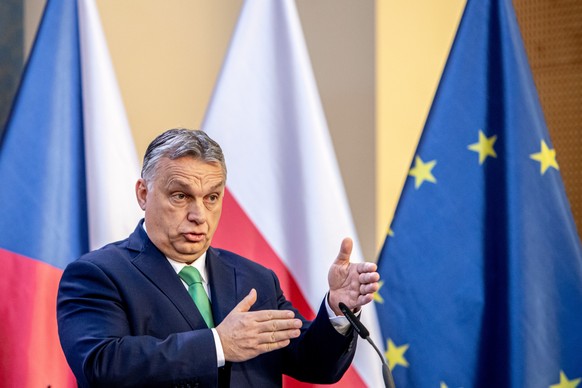 epa08268735 Hungarian Prime Minister Viktor Orban attends a press conference during the Visegrad Group (V4) summit in Prague, Czech Republic, 04 March 2020. The extraordinary summit will focus on the  ...