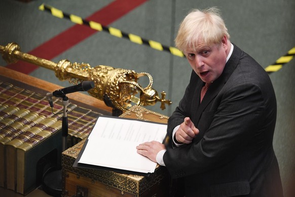 epa08669220 A handout photo made available by the UK Parliament shows Britain&#039;s Prime Minister Boris Johnson speaking in the debate into the Government&#039;s proposed Internal Markets Bill in Ho ...