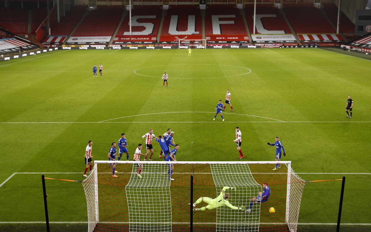 Oli McBurnie of Sheffield Utd scoring his sides opening goal during the Premier League match at Bramall Lane, Sheffield. Picture date: 6th December 2020. Picture credit should read: Darren Staples/Spo ...