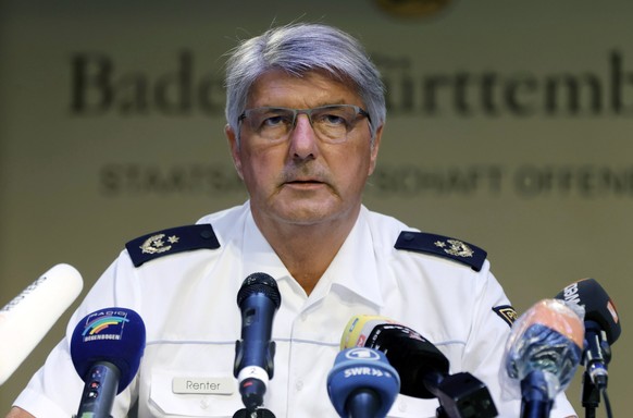 epa08545352 Head of the Police Headquarters in Offenburg, Reinhard Rentner speaks during a press conference in Oppenau near Offenburg, Germany, 14 July 2020. According to the police, the suspect, who  ...
