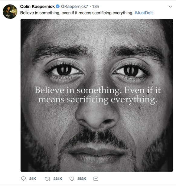 This image taken from the Twitter account of the former National Football League player Colin Kaepernick shows a Nike advertisement featuring him that was posted Monday, Sept. 3, 2018. Kaepernick alre ...
