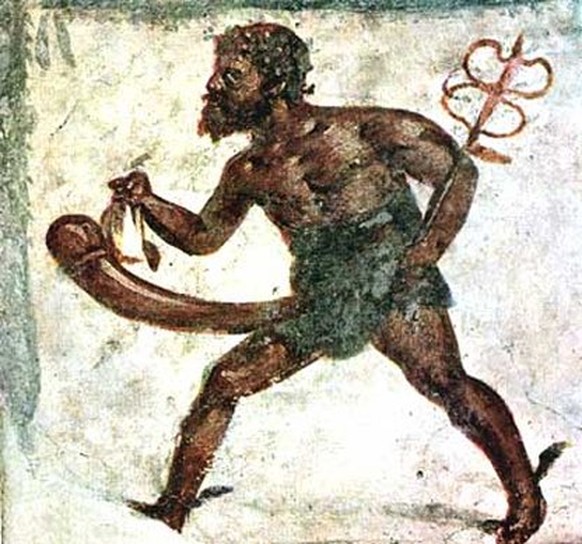 Priapos, der griechische Fruchtbarkeitsgott mit dem mächtigen Gemächt. Dieser Fresko stammt aus Pompeji.