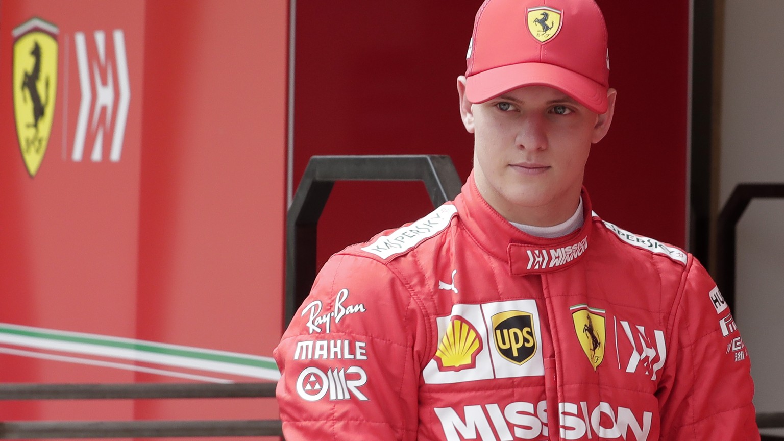 Mick Schumacher walks in the pit during his first F1 test for Ferrari at the Bahrain International Circuit in Sakhir, Bahrain, Tuesday, April 2, 2019. Mick Schumacher has moved closer to emulating his ...