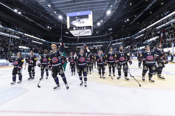 La joie des joueurs du HC Fribourg-Gotteron, lors du match du championnat suisse de hockey sur glace de National League, NL, entre HC Fribourg-Gotteron, HCFG, et SC Rapperswil-Jona Lakers, ce jeudi, 1 ...