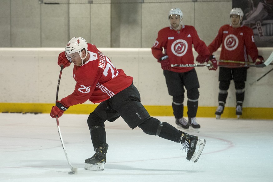 New Jersey Devils Swiss player Mirco Mueller during the training at the Postfinance Arena in Bern, Switzerland, Sunday, September 30, 2018. The New Jersey Devils will face the SC Bern on Monday, Octob ...