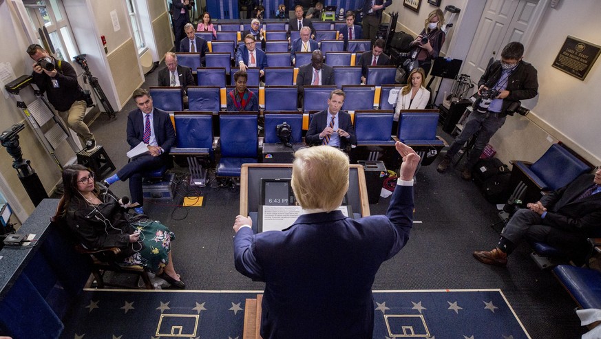 President Donald Trump speaks about the coronavirus in the James Brady Press Briefing Room of the White House, Thursday, April 9, 2020, in Washington. (AP Photo/Andrew Harnik)
Donald Trump