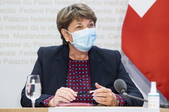 epa09090168 Swiss Federal Councilor Viola Amherd speaks during a press conference with Florence Parly, Defense Minister of France (unseen), in Bern, Switzerland, 22 March 2021. Florence Parly is on he ...