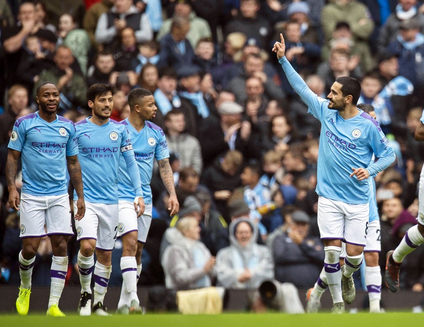 epa07951104 Manchester City&#039;s Ilkay Guendogan celebrates after scoring the 3-0 lead during the English Premier League soccer match between Manchester City and Aston Villa in Manchester, Britain,  ...