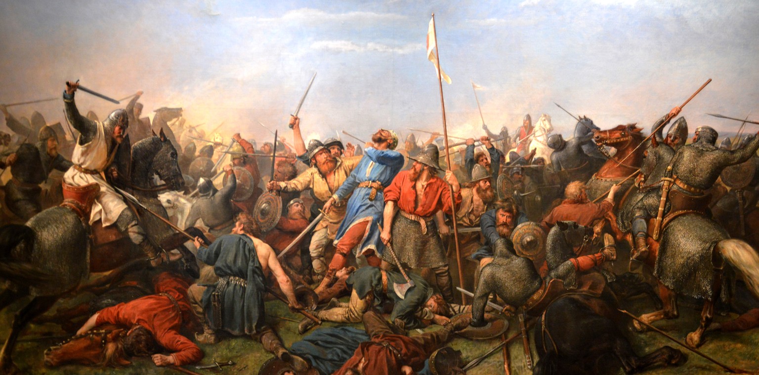König Harald Hardrada wird bei der Schlacht bei Stamford von einem Pfeil getroffen.
Peter Nicolai Arbo, The Death of Harold Hardrada (1870)