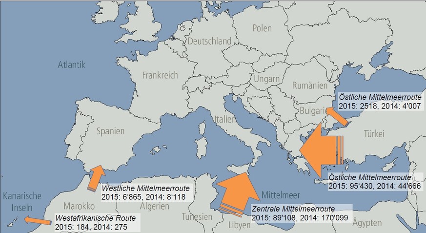 Flüchtlingsrouten im ersten Halbjahr 2015: Immer mehr kommen über das östliche Mittelmeer und den Balkan.