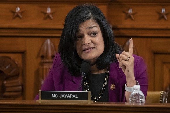 epa08066970 Representative Pramila Jayapal, a Democrat from Washington, speaks during a House Judiciary Committee markup of Articles of Impeachment against US President Donald J. Trump at the Longwort ...