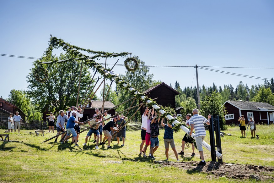 The maypole is raised as part of midsummer festivities, in Sahl, Sweden, Friday, June 19, 2020. Sweden���s public mid-summer festivities are subdued this year as large social gatherings are banned due ...