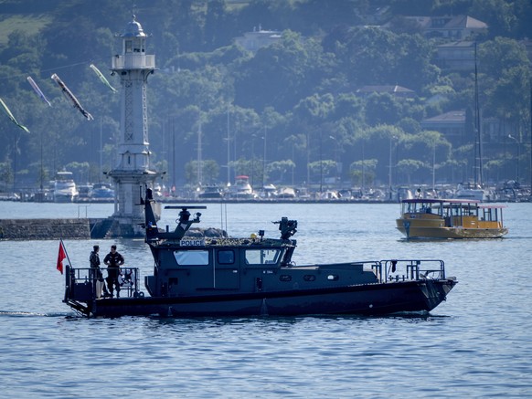 A police boat patrols on the Lake Geneva in Geneva, Switzerland Tuesday, June 15, 2021. US President Joe Biden and Russia&#039;s President Vladimir Putin will meet for talks in Geneva on Wednesday. (A ...