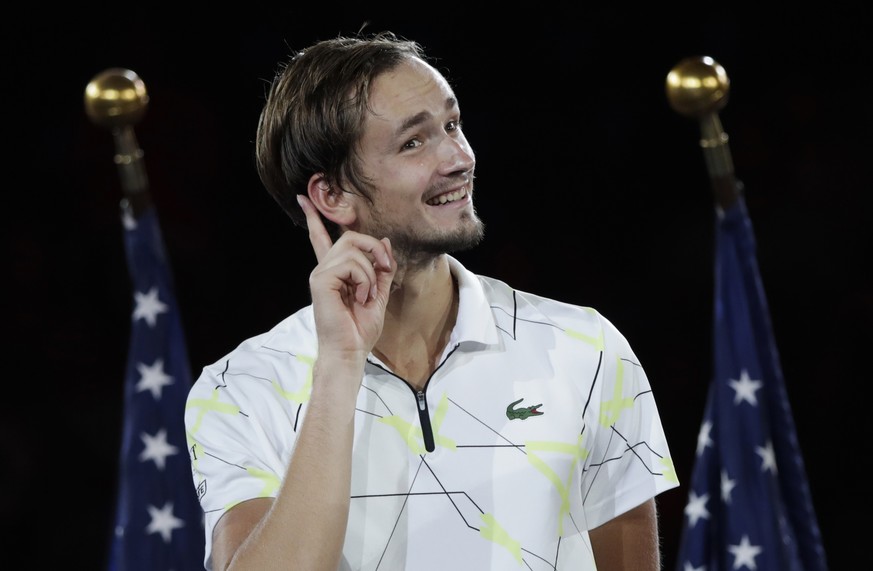Daniil Medvedev, of Russia, reacts whiles answering questions after losing to Rafael Nadal, of Spain, in the men&#039;s singles final of the U.S. Open tennis championships Sunday, Sept. 8, 2019, in Ne ...
