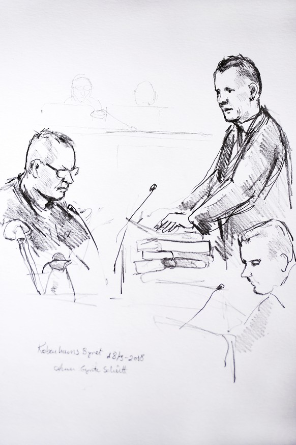 Drawing by Anne Gyrite Schütt shows accused Peter Madsen, left, and the prosecutor Jakob Buch-Jepsen, standing right, on the first day of the trial at the courthouse in Copenhagen Denmark where the tr ...