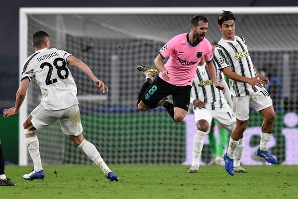 Merih Demiral of Juventus FC and Miralem Pjanic of Barcelona during the Champions League Group Stage G football match between Juventus FC and Barcelona at Juventus stadium in Torino Italy, October, 28 ...