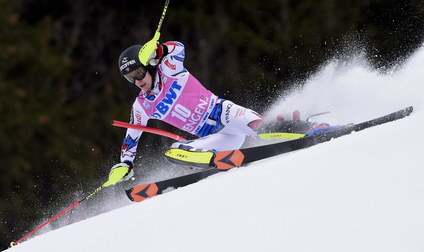 France&#039;s Clement Noel competes during an alpine ski, men&#039;s World Cup slalom in Wengen, Switzerland, Sunday, Jan. 20, 2019. (AP Photo/Marco Tacca)