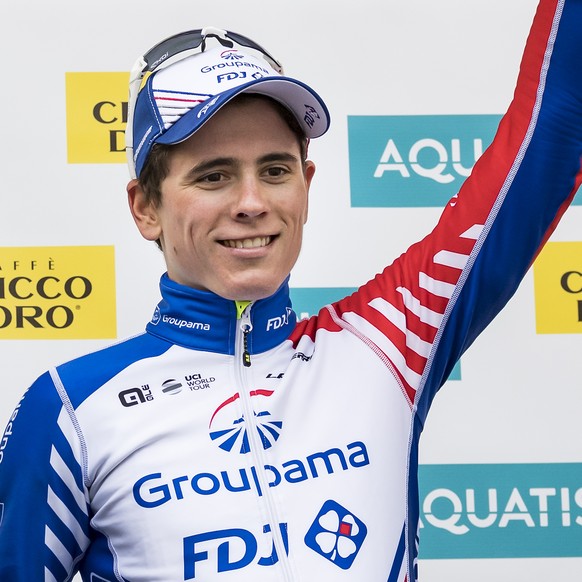 The winner of the stage David Gaudu from France of team Groupama-FDJ celebrates on the podium during the third stage, a 160 km race between Romont and Romont at the 73th Tour de Romandie UCI ProTour c ...