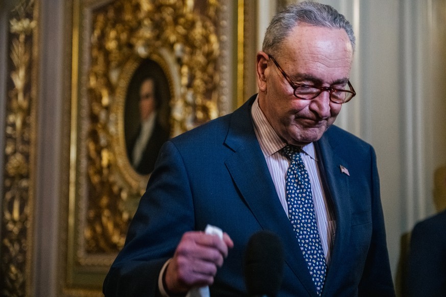epa09002514 US Senate Majority Leader Chuck Schumer (D-NY) speaks to reporters in The Senate Reception Room during the second day of Trump?s second impeachment trial in Washington, DC, USA, 10 Februar ...
