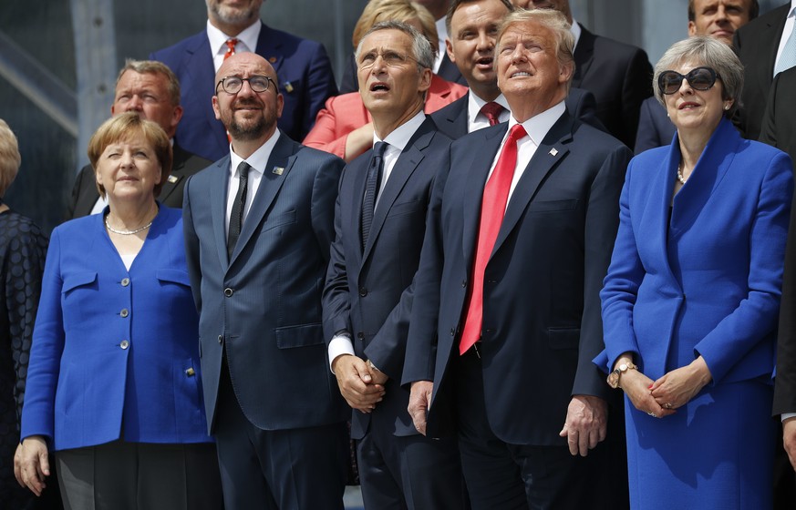 From left to right, German Chancellor Angela Merkel, Belgium&#039;s Prime Minister Charles Michel, NATO Secretary General Jens Stoltenberg, President Donald Trump,and Britain&#039;s Prime Minister The ...
