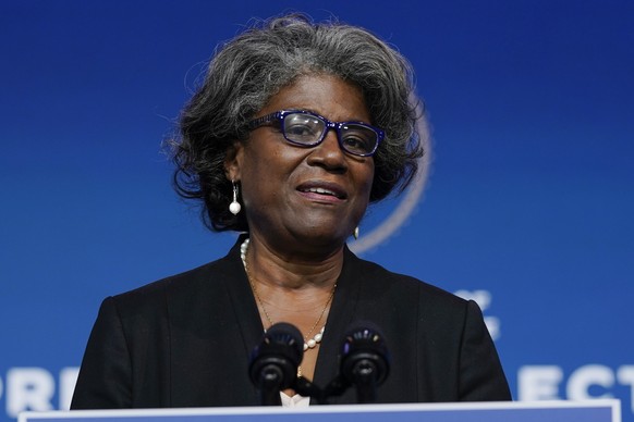 President-elect Joe Biden&#039;s U.S. Ambassador to the United Nations nominee Ambassador Linda Thomas-Greenfield speaks at The Queen theater, Tuesday, Nov. 24, 2020, in Wilmington, Del. (AP Photo/Car ...